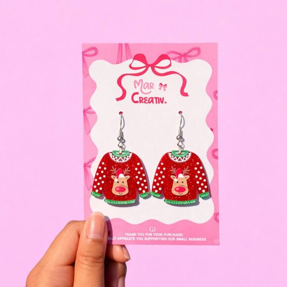 Christmas Sweater Reindeer Dangle Earrings Acrylic Holiday Jewelry - Picture 3 of 4